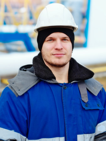 Portrait of caucasian builder in white hard hat and winter pea coat. Young worker looks directly into camera with confident look. Reliable contractor for construction of gasification facilities.の写真素材