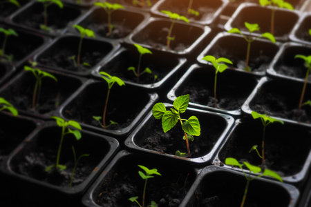 Seedlings of greens and vegetables in plastic pots with soil. Young sprouts and seedlings. Spring sowing in garden.の写真素材