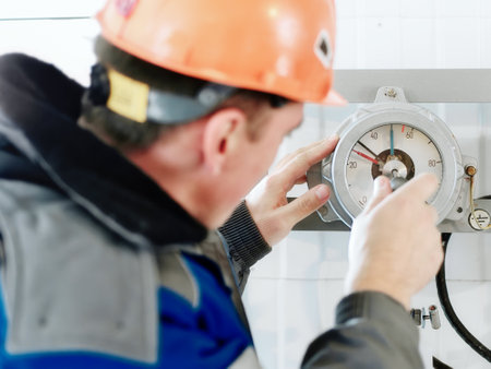 Instrumentation fitter checks and adjusts operation of pressure gauge indoors at industrial facility. Back viewの写真素材