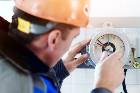 Instrumentation fitter adjusts and diagnoses gauge or pressure gauge at indoor industrial facility. Close-up rear view. Real worker at work.の写真素材