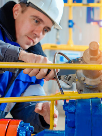 Close-up portrait of worker in hard hat and winter overalls. Authentic workflow. Gas equipment repairman at work. Professional diagnostics and adjustment of equipment.の写真素材