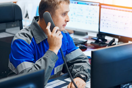 A dispatcher at an industrial enterprise sits in an office surrounded by monitors and talks on a wired telephone. Authentic workflow in the decision center of a gas company. Work with clients on gasification issues.の写真素材