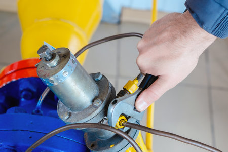 Hand with key close-up. Locksmith tightens nut of gas equipmentの写真素材
