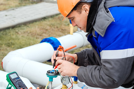 Caucasian electrician in helmet measures voltage with multimeter on sensors of gas distribution station outside. Genuine workflowの写真素材