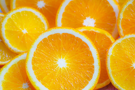 Round slices of fresh juicy oranges close-up. Bright fruity background for screensaver or backdrop in full screen.の写真素材