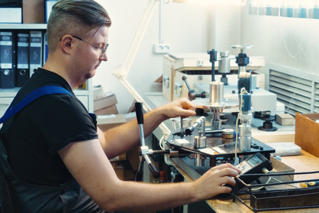The instrumentation fitter carries out diagnostics and calibration of the equipment at his workplace. A caucasian man in glasses works in a production office. Authentic workflow.の写真素材