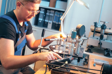 The instrumentation fitter carries out diagnostics and calibration of the equipment at his workplace. A caucasian man in glasses works in a production office. Authentic workflow.の写真素材