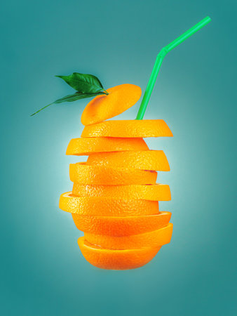 Juicy orange juice. Orange slices in the form of a jar with a refreshing drink and a straw. Promotional product for orange drink or cocktail. Bright fruit background for advertisingの写真素材