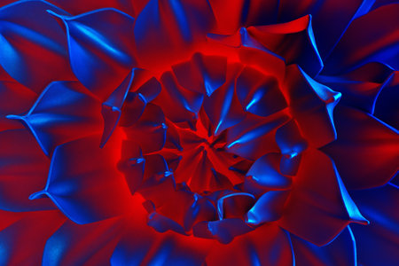 Abstract background. Flower bud with blue leaves and red backlight. Artificial flower close-up in full screen.の写真素材