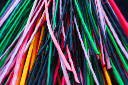 Multi-colored plastic rods for recycling and recyclables. Background in full screen.の写真素材