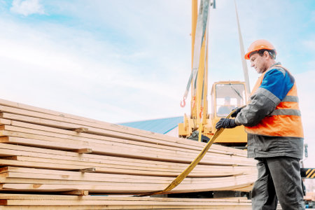 A slinger unloads wooden planks outdoors on a summer day. A worker in a hard hat and high-visibility vest stacks lumber. Industrial background with copy space.の写真素材