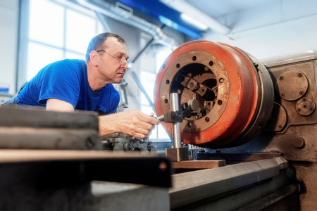 An elderly Caucasian metal turner works in a workshop behind a lathe. Authentic workflow. A real...