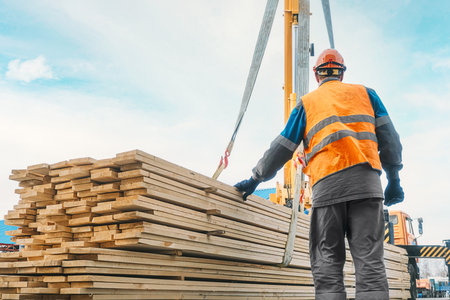 A slinger unloads wooden planks outdoors on a summer day. A worker in a hard hat and high-visibility vest stacks lumber. Industrial background with copy space.の写真素材