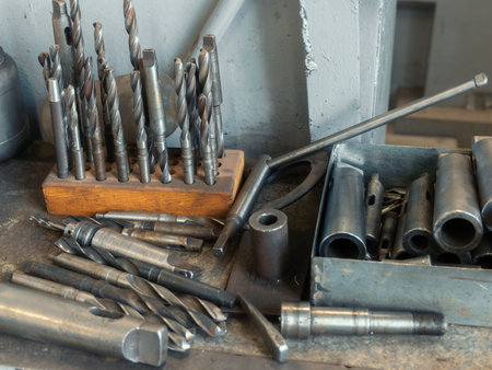 Set of drills for metal lies in turning workshop on workbench. Background.の写真素材