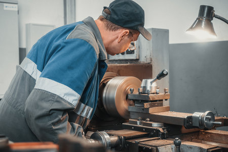 A turner in overalls works on a lathe in a workshop in a factory. Authentic workflow. Back view. A man melts a detail on a machine.の写真素材