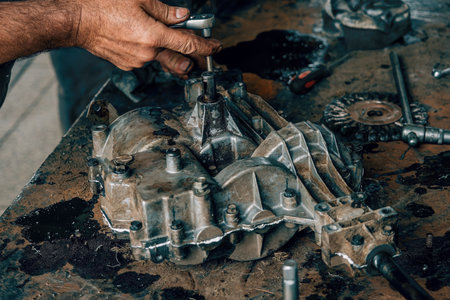 Professional mechanic repairs car gearbox behind metal workbench in workshop. Repair and maintenance of equipment and vehicles. Dirty hands of car mechanic close-up.の写真素材