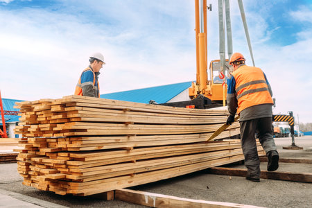Two workers in helmets and construction vests unload wooden planks. Slingers stack lumber outside in the open air. Loading and unloading works. Authentic workflow.の写真素材