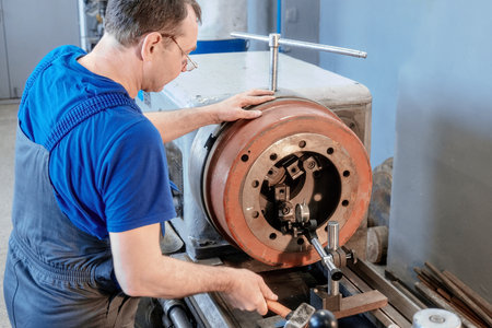 An elderly Caucasian metal turner works in a workshop behind a lathe. Authentic workflow. A real defense industry worker works in a factory.の写真素材