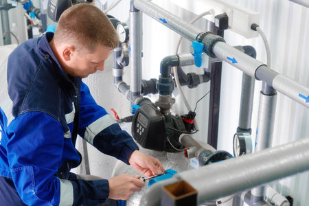 Worker indoors with pipes repairs industrial water supply system. Water supply diagnostics. Authentic workflow.の写真素材