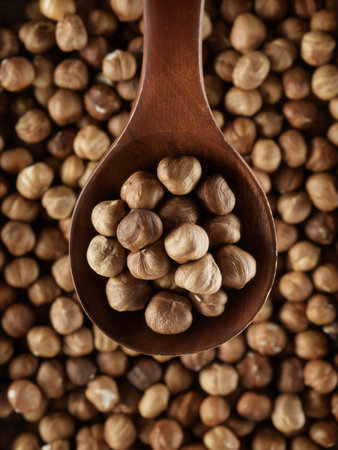 Peeled hazelnuts in close-up with wooden spoon. View from above. Promotional photo of healthy nut for online store and marketplaces.の写真素材