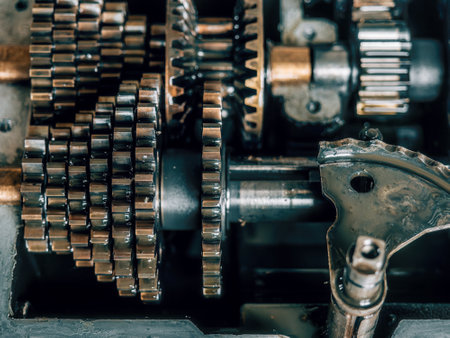 Mechanism gears in machine oil close-up. Gearbox repair. Background. Cinematic toning.の写真素材