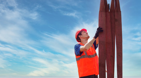 Portrait of slinger in construction helmet against blue sky. Caucasian worker or builder. Banner with copy space.の写真素材