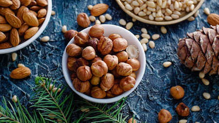 Nut assortment. Hazelnuts, almonds, pine nuts in plates stand on table with spruce branches. Top view. Background.の写真素材