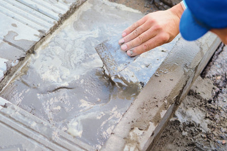 Builder grouts tiles on foundation of building with cement. Blind area repair. Bricklayer laying tiles. Hand of worker with trowel close-up.の写真素材