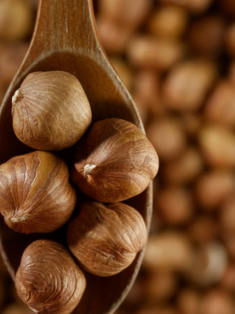 Peeled hazelnuts. Hazelnut kernels lie in wooden spoon. Top view of nuts close-up. Advertising photography for marketplaces or online stores.の写真素材