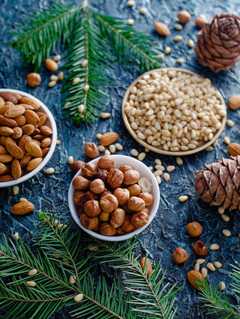 Nut assortment. Hazelnuts, almonds, pine nuts in plates stand on table with spruce branches. Top view. Background.の写真素材