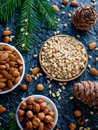 Assorted shelled nuts in bowls. Hazelnuts, almonds and pine nuts. Still life from placer of nuts. Top view. Background.の写真素材