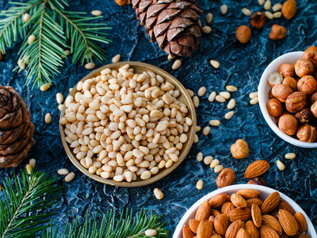 Shelled pine nuts in bowl. Still life of cedar kernels, fir cones and fir branches. Top view. Commercial photography.の写真素材