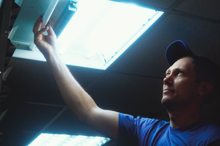 Professional electrician changes fluorescent lamp in ceiling lamp. Worker repairs lighting in office building. View from bottom to top. Electrician at work. Genuine workflow.の写真素材