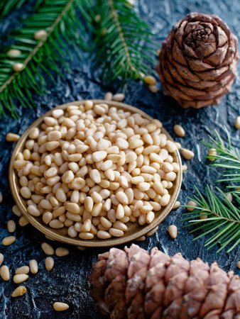 Shelled pine nuts in bowl. Still life of cedar kernels, fir cones and fir branches. Top view. Commercial photography.の写真素材