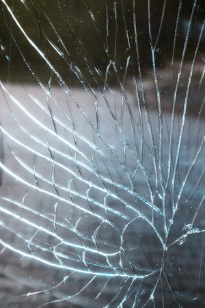 Cracked glass close-up. This is glass surface with many cracks from impact. Background.の写真素材