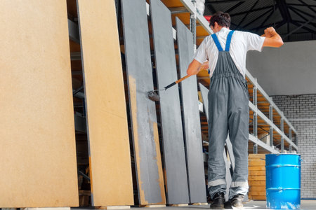 Professional industrial painter paints wooden boards with paint roller. Caucasian worker in overalls paints wooden surface indoors.の写真素材