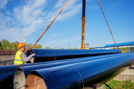 Slinger unloads large gasification pipes on summer day. Pipes for transporting natural gas. Construction of gas pipeline. Storage of large diameter metal pipes.の写真素材