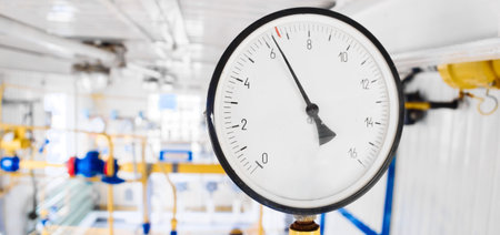 View of pressure gauge on gas distribution station equipment. Pressure sensor for natural gas supply in pipes. Supply of natural gas. Beginning of heating season in Europe.の写真素材
