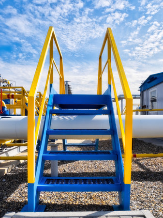 View of stairway to heaven at gas distribution station. Metal staircase with yellow railings. Industrial gas supply facility from outside. Background.の写真素材