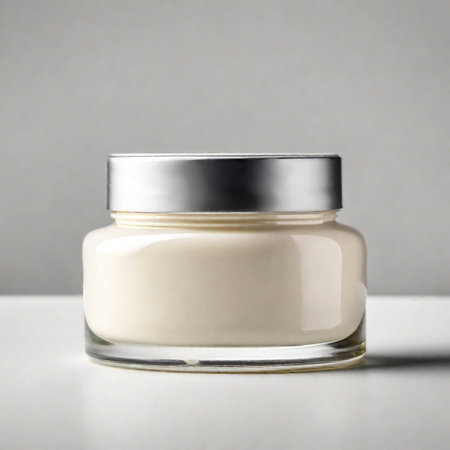 Jar for body and face cream on light background. Layout for advertising. Generated by artificial intelligence. Mockup.の素材