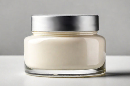 Jar for body and face cream on light background. Layout for advertising. Generated by artificial intelligence. Mockup.の素材