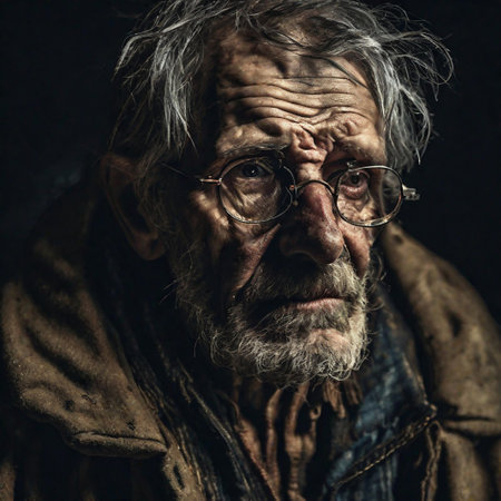Generated by artificial intelligence. Close-up portrait of poor homeless old man. Face of sad old tramp in shabby clothes.の素材