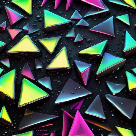 Abstract background. Multi-colored triangles with water drops. Generated by artificial intelligence.の素材