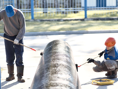 Two workers paint metal pipe black with paint rollers. Pipe treatment for corrosion protection. Metal paint. Two handymen paint gasification pipe on summer day.の写真素材