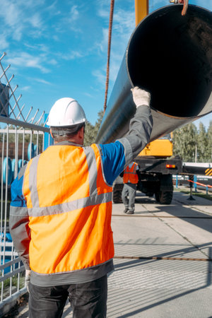 Builders unload large metal pipe. Professional slinger in helmet and signal vest. View from back.の写真素材