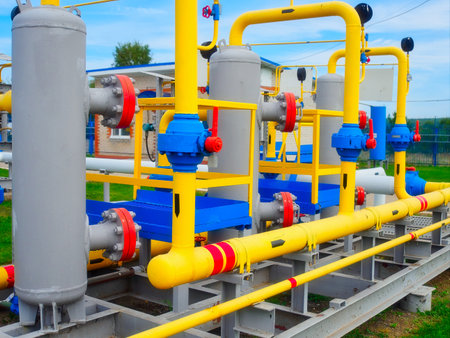 View of yellow pipes and valves of gas processing station from outside on summer day. Natural gas supplier. Industrial industrial facility. Background.の写真素材