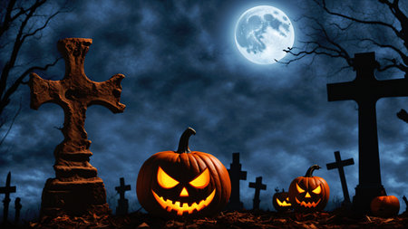 AI generated. Illustration. Pumpkins with glowing grins lie in cemetery on moonlit night. Creepy photo. Scary pumpkin. Moon in gloomy sky. Halloween card.の素材