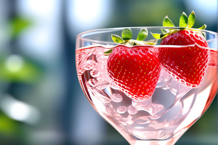 AI generated. Illustration. Glass of pink champagne. Ripe juicy strawberries in glass with pink sparkling wine. Refreshing drink. Illustration for advertising. Close-upの素材