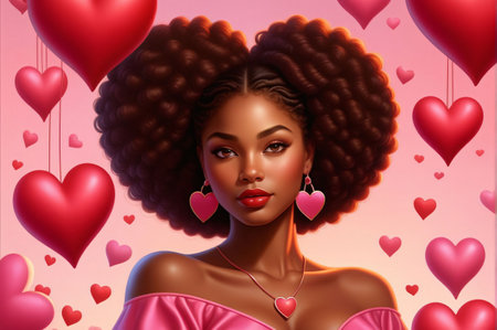 AI generated. Illustration. Beautiful card for Valentines Day with hearts. Portrait of Latin American girl with pigtails. Pink mood.の素材