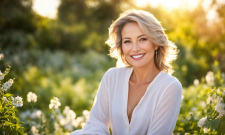 Ai generated. Illustration. A middle-aged woman with natural makeup highlighting her natural beauty. be in nature. bright and fresh skin. Her smile and confident look emphasize her attractiveness. naturalness and confidence in your beauty at any age.の素材